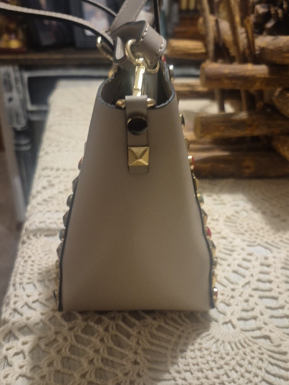 Stud-Trim Taupe Shoulder Tote Bag - Picture 6 of 7